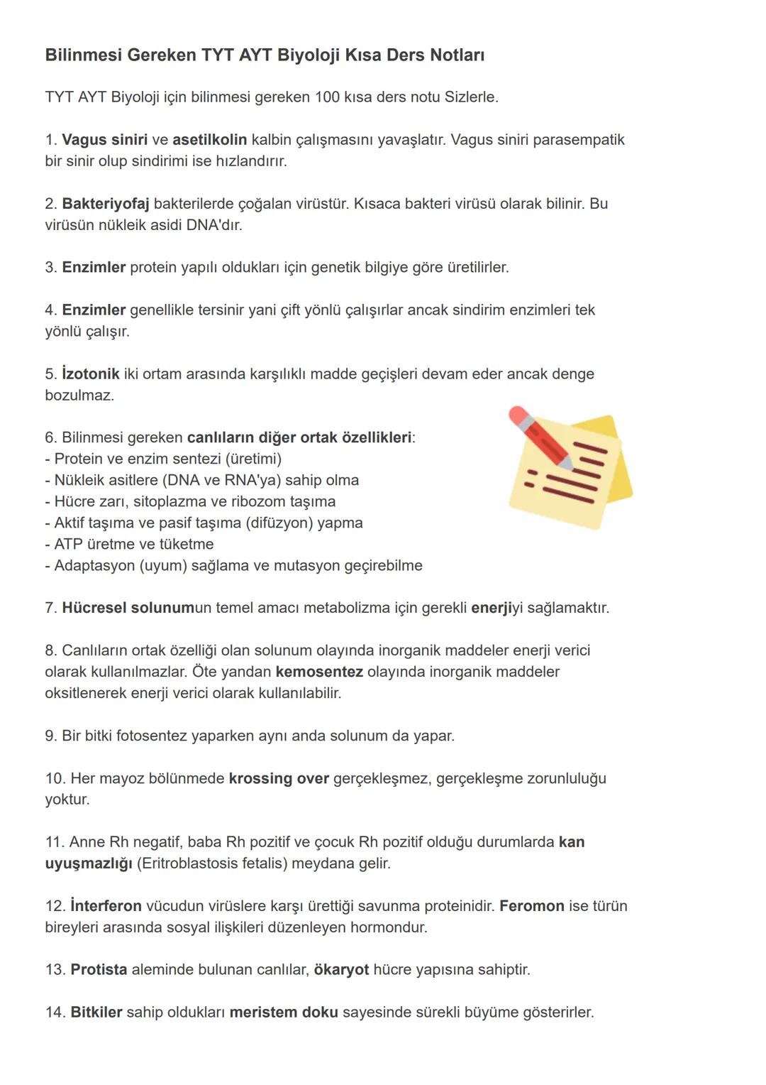 # Bilinmesi Gereken TYT AYT Biyoloji Kısa Ders Notları
TYT AYT Biyoloji için bilinmesi gereken 100 kısa ders notu Sizlerle.
1. Vagus sinir