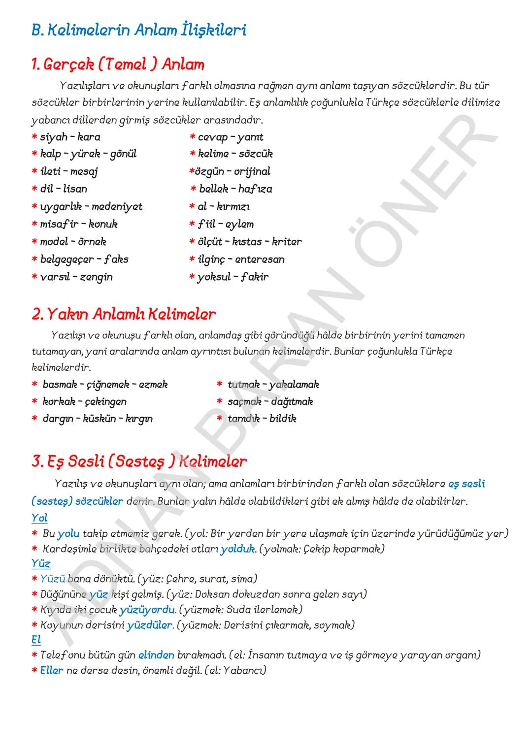 # İÇİNDEKİLER
1. SÖZCÜKTE ANLAM
A. Kelime ve Kelime Gruplarımın Anlam Özellikleri
1. Gerçek (Temel) Anlam
2. Yan anlam
3. Mecaz Anlam