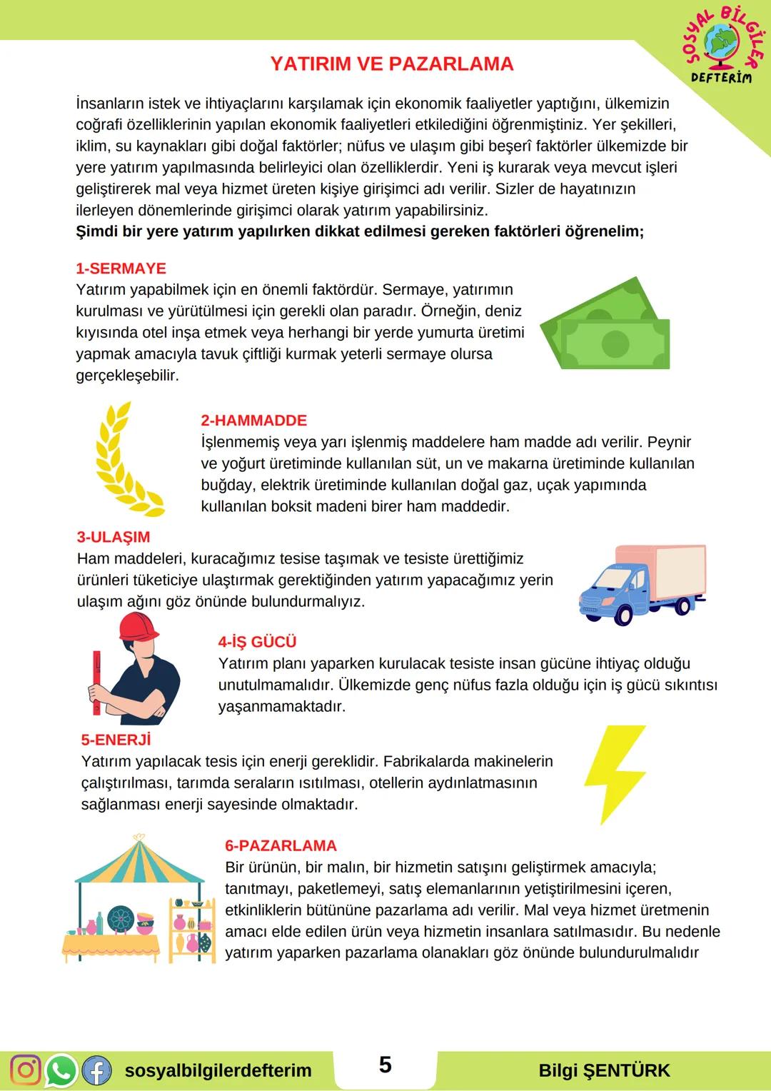 # 6.SINIF 5.ÜNİTE
## SOSYAL BİLGİLER
## DERS NOTU
### SOSYAL BİLGİLER
DEFTTERİM
BİLGİ ŞENTÜRK # ÜLKEMİZİN KAYNAKLARI VE EKONOMİK FAALİY