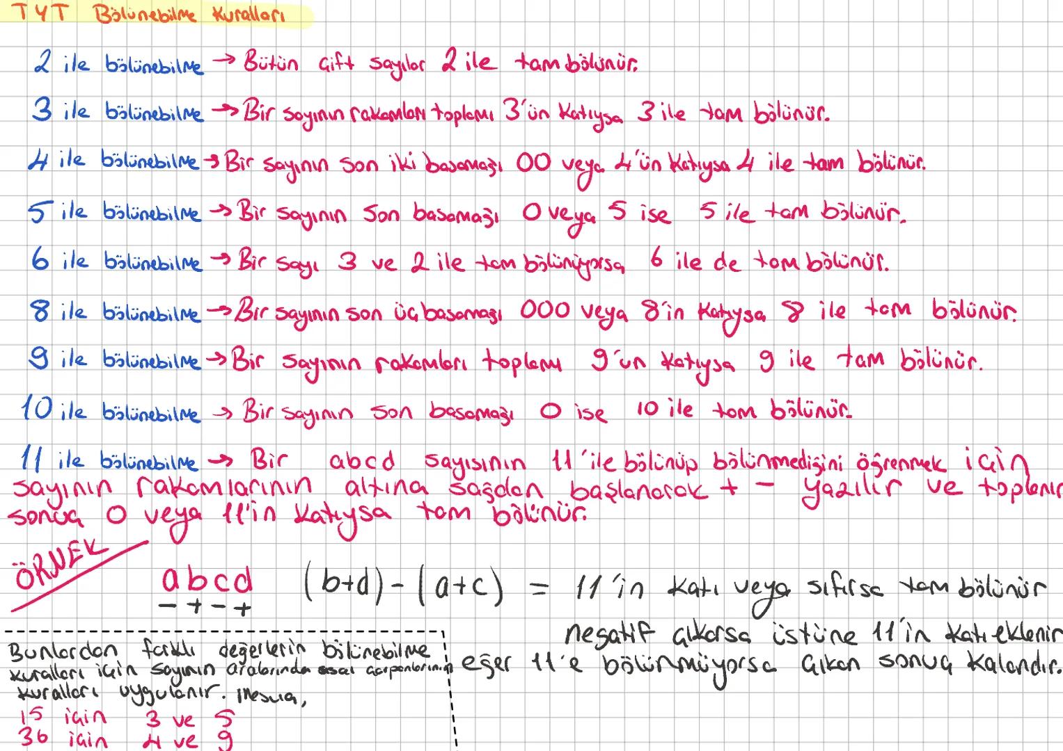 # TYT Bölünebilme Kuralları
2 ile bölünebilme → Bütün çift sayılar 2 ile tam bölünür.
3 ile bölünebilme → Bir sayının rakamları toplamı 3