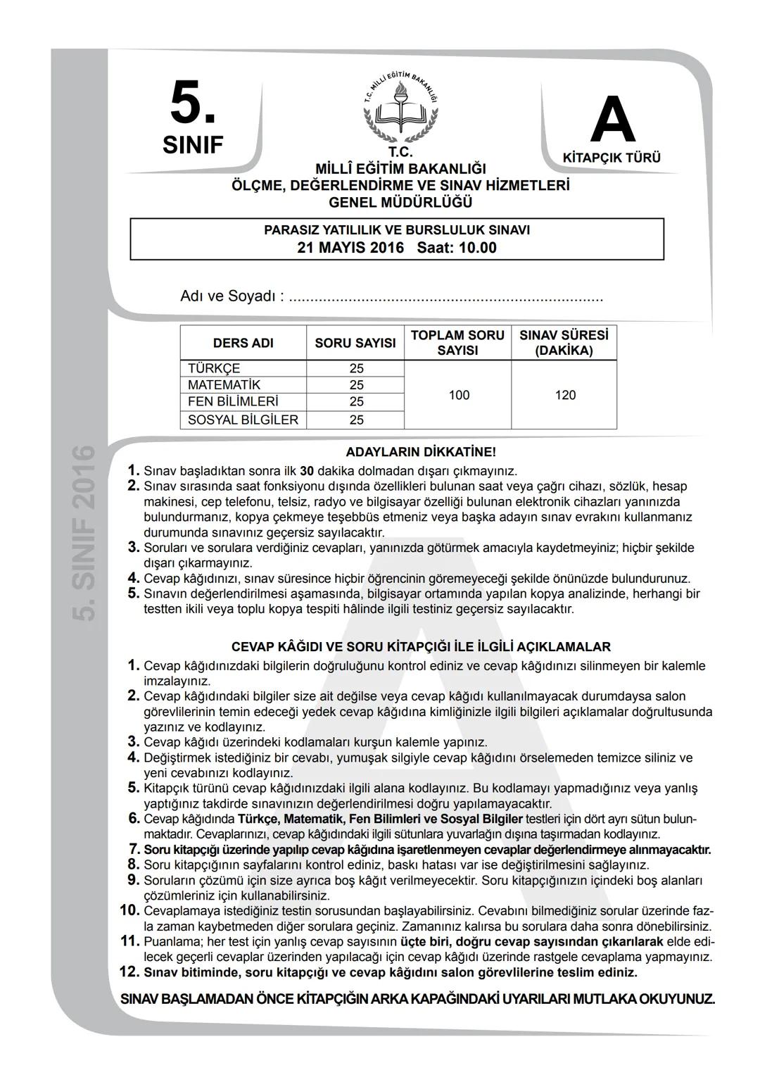 5. Sınıf bursluluk sınavı çıkmış sorular.