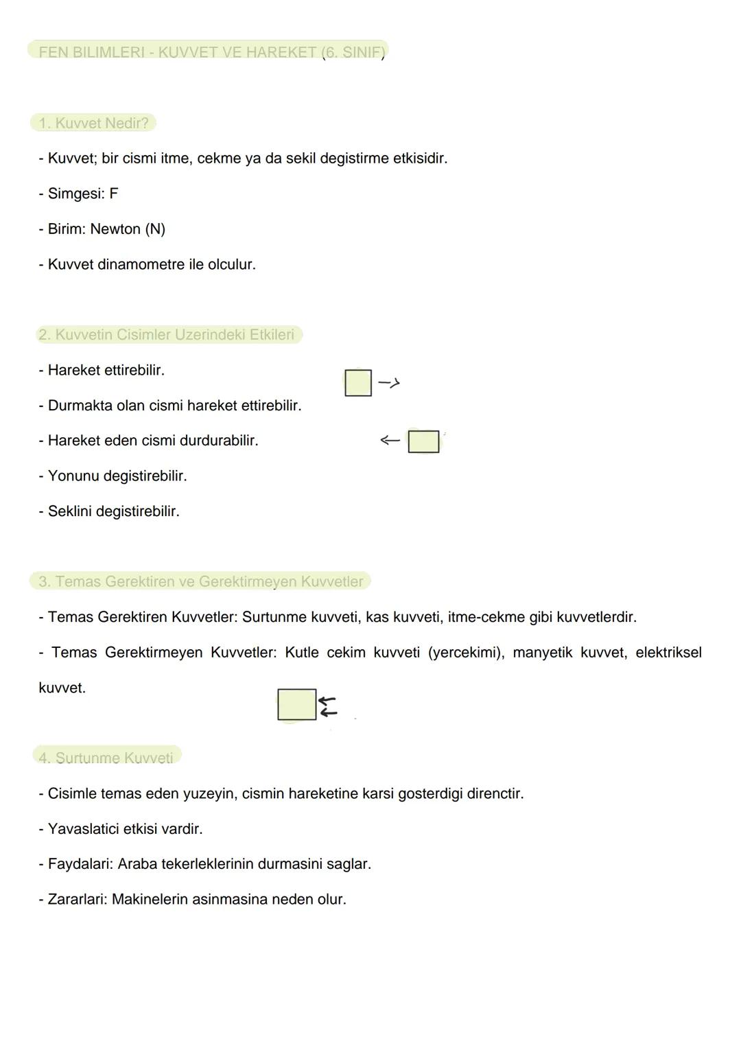 FEN BILIMLERI - KUVVET VE HAREKET (6. SINIF)
1. Kuvvet Nedir?
- Kuvvet; bir cismi itme, cekme ya da sekil degistirme etkisidir.
- Simgesi