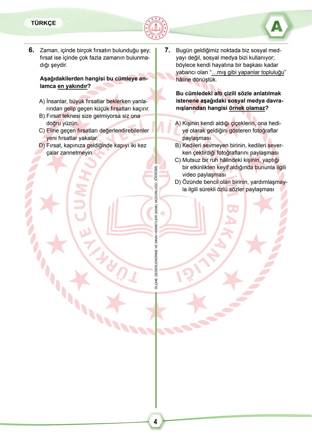 2024 SÖZEL BÖLÜM
**
T.C.
MİLLÎ EĞİTİM BAKANLIĞI
ÖLÇME, DEĞERLENDİRME VE SINAV HİZMETLERİ GENEL MÜDÜRLÜĞÜ
SINAVLA ÖĞRENCİ ALACAK ORTAÖĞRETİM