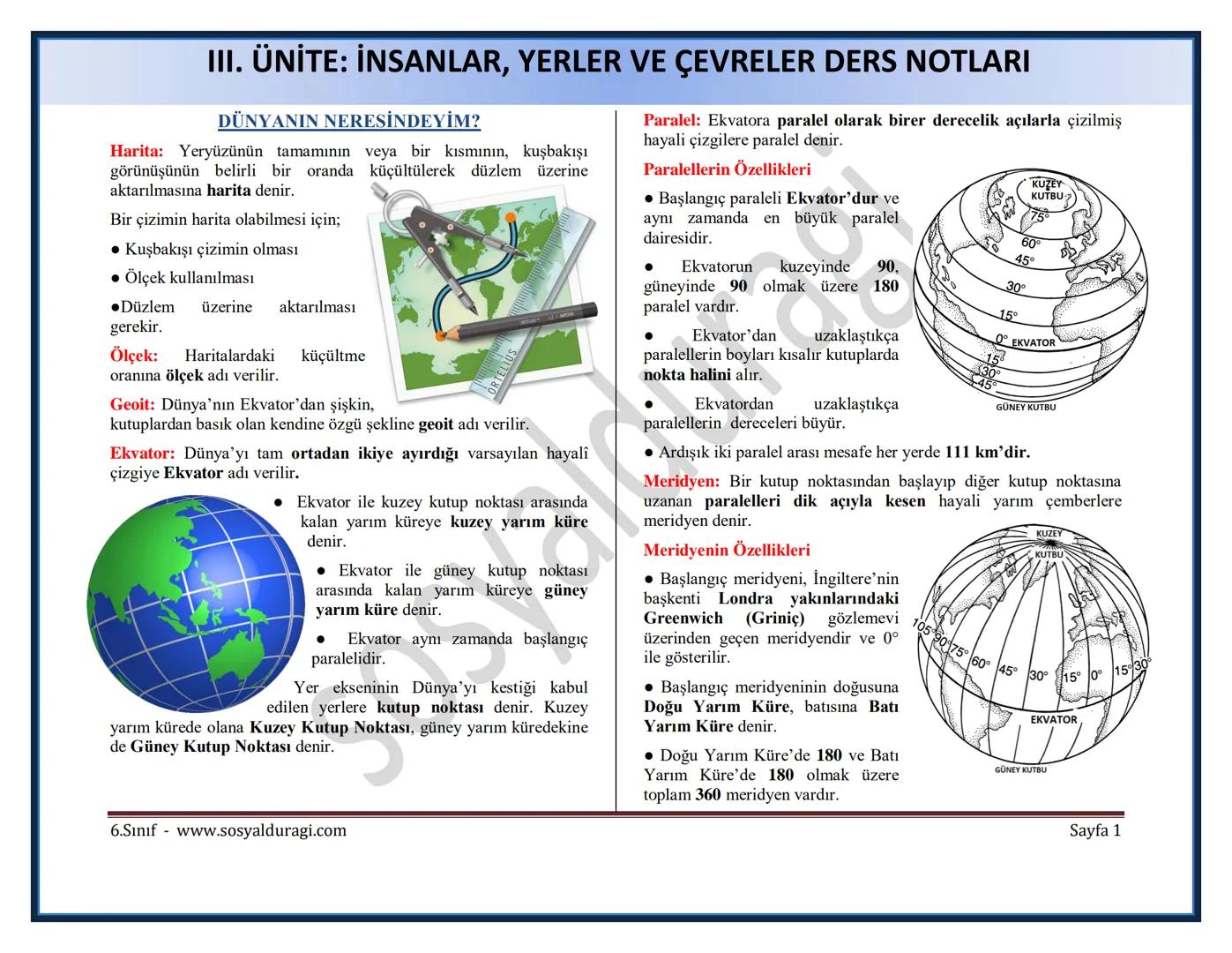 III. ÜNİTE: İNSANLAR, YERLER VE ÇEVRELER DERS NOTLARI
DÜNYANIN NERESİNDEYİM?
Harita: Yeryüzünün tamamının veya bir kısmının, kuşbakışı
görün