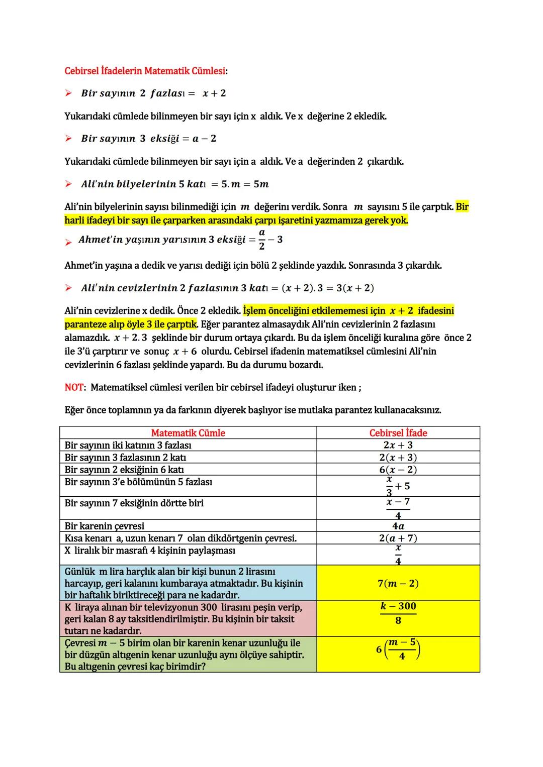 # CEBİRSEL İFADELER
İçinde en en az bir bilinmeyen içeren ifadelere cebirsel ifadeler denir.
Cebirsel ifadelerde yer alan x, y, z, a ....