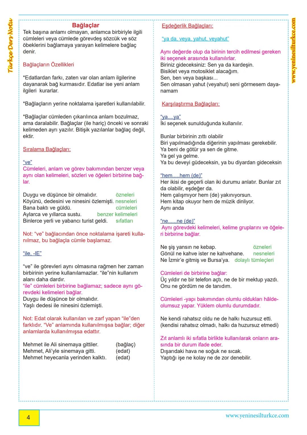 Türkçe Ders Notu
Edat-Bağlaç-Ünlem
Edatlar
www.yeninesilturkce.com
Tek başlarına anlamları olmayan, başka kelimelerle öbekleşerek değişik v