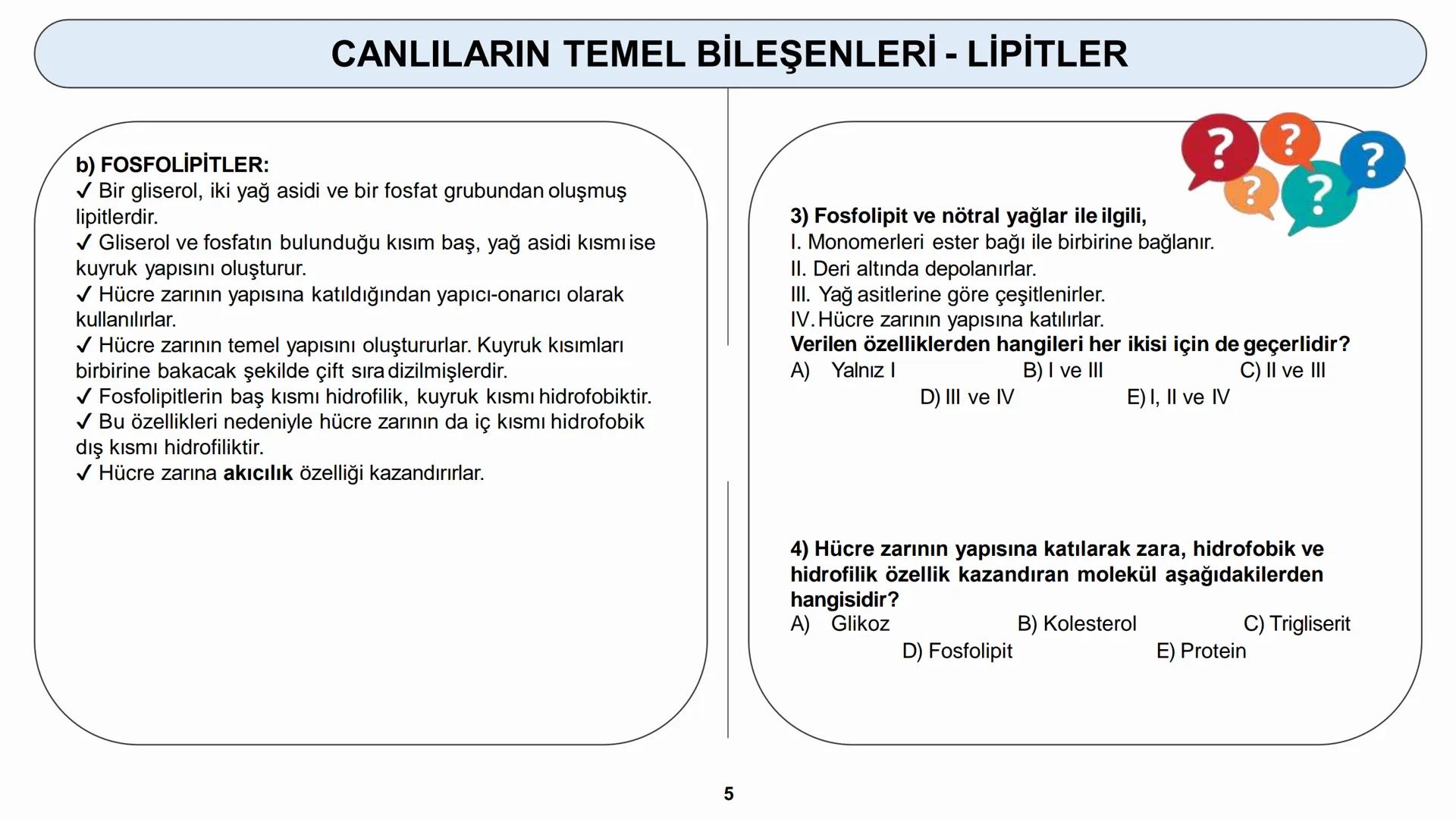 # YAŞAM BİLİMİ Biyoloji
# CANLILARIN TEMEL BİLEŞENLERİ
ORGANİK MADDELER - LİPİTLER ## CANLILARIN TEMEL BİLEŞENLERİ - LİPİTLER
2) LİPİTLER