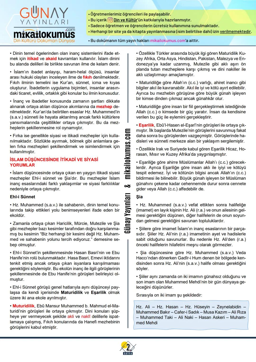 # 10
SINIF
GUNAY
YAYINLARI
.com
mikailokumus
Din Kültürü Doküman Dünyası
İSLAM DÜŞÜNCESİNDE İTİKADİ, SİYASİ VE FIKHİ YORUMLAR
5
ÜNİTE
DİNİ Y