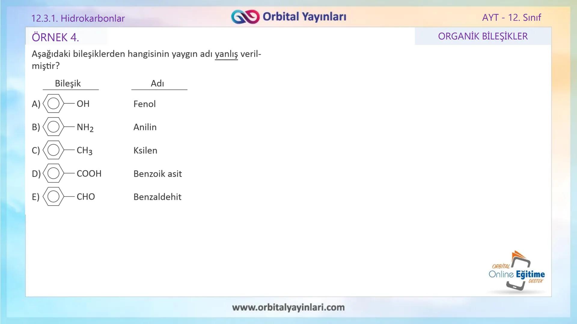 www.orbitalyayinlari.com
ORBITAL
Online Eğitime
DESTEK
2. ÜNİTE KONU ANLATIMI
ORGANİK BİLEŞİKLER
AROMATİK BİLEŞİKLER
AYT - 12.
Sınıf
Orb