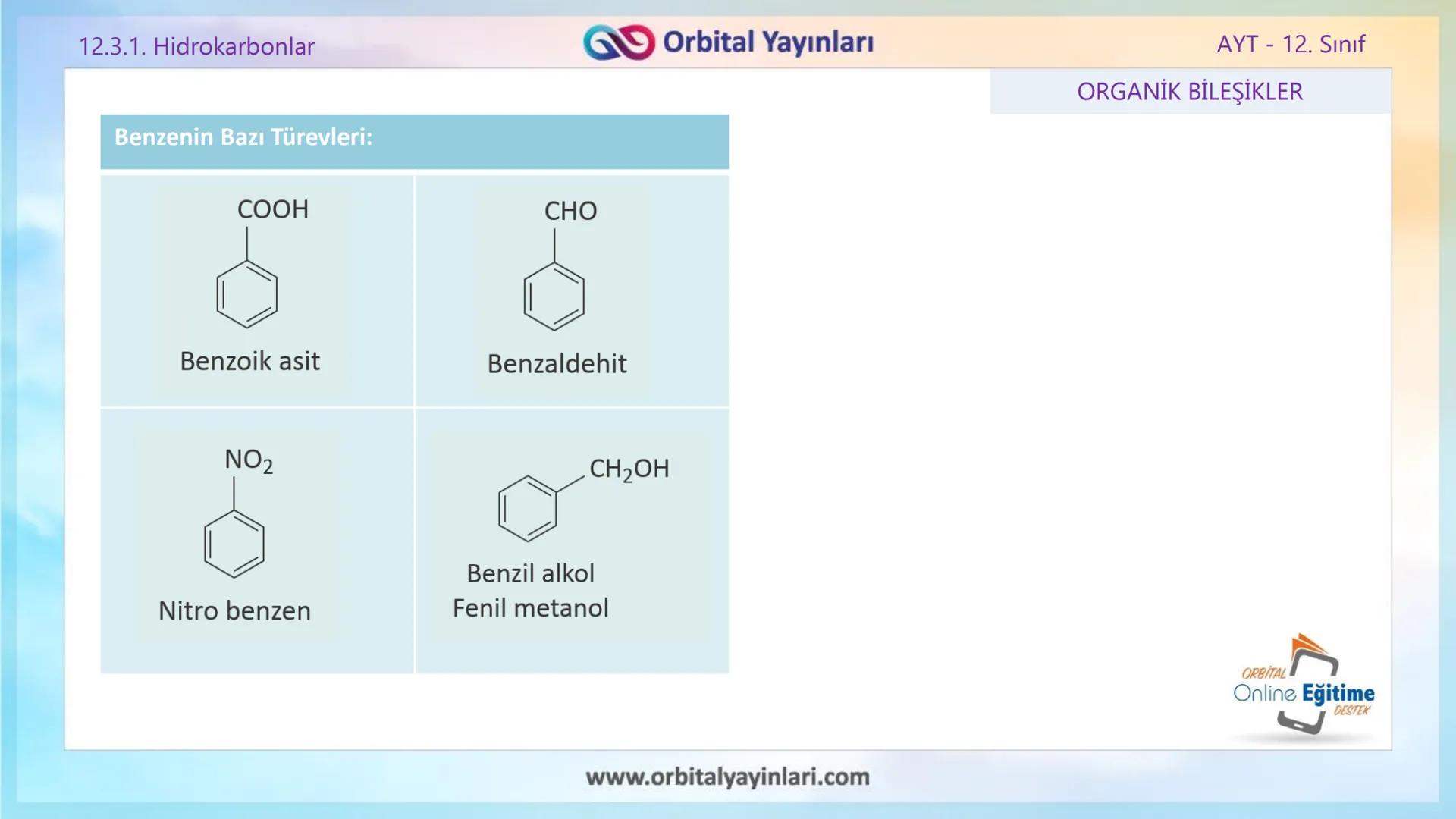 www.orbitalyayinlari.com
ORBITAL
Online Eğitime
DESTEK
2. ÜNİTE KONU ANLATIMI
ORGANİK BİLEŞİKLER
AROMATİK BİLEŞİKLER
AYT - 12.
Sınıf
Orb