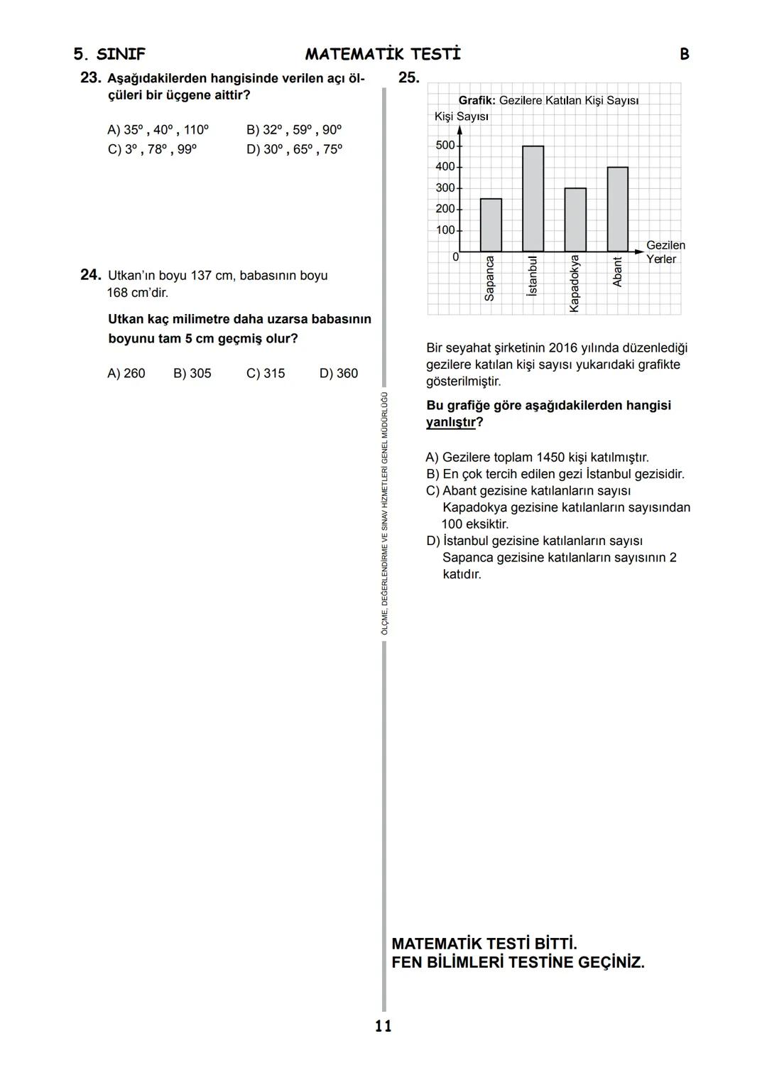 5.
SINIF
B
KİTAPÇIK TÜRÜ
T.C.
MİLLÎ EĞİTİM BAKANLIĞI
ÖLÇME, DEĞERLENDİRME VE SINAV HİZMETLERİ
GENEL MÜDÜRLÜĞÜ
İLKÖĞRETİM VE ORTAÖĞRETİM KURU