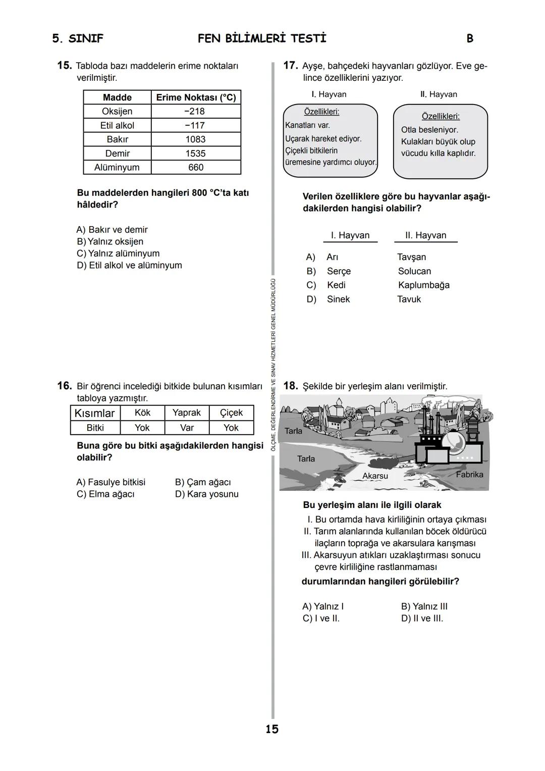 5.
SINIF
B
KİTAPÇIK TÜRÜ
T.C.
MİLLÎ EĞİTİM BAKANLIĞI
ÖLÇME, DEĞERLENDİRME VE SINAV HİZMETLERİ
GENEL MÜDÜRLÜĞÜ
İLKÖĞRETİM VE ORTAÖĞRETİM KURU