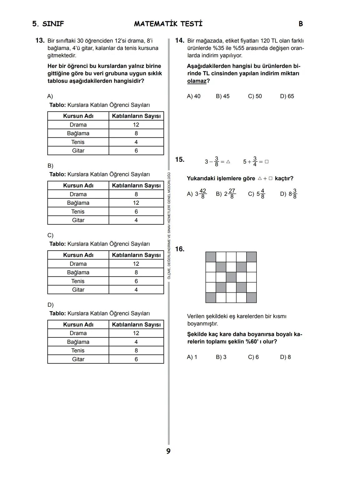 5.
SINIF
B
KİTAPÇIK TÜRÜ
T.C.
MİLLÎ EĞİTİM BAKANLIĞI
ÖLÇME, DEĞERLENDİRME VE SINAV HİZMETLERİ
GENEL MÜDÜRLÜĞÜ
İLKÖĞRETİM VE ORTAÖĞRETİM KURU