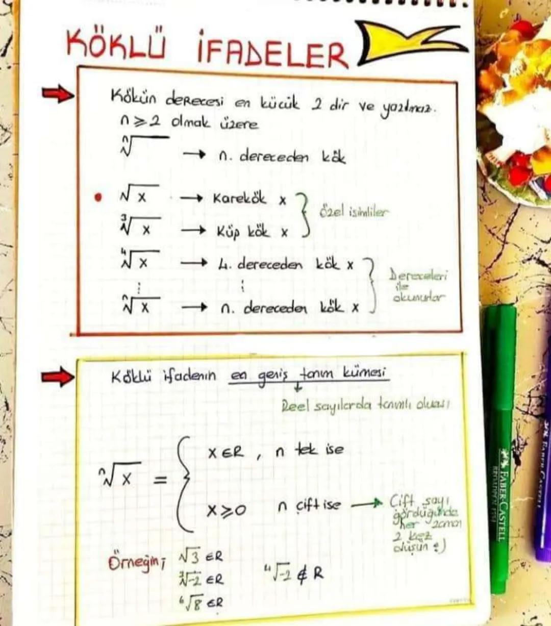 KÖKLÜ İFADELER
Kökün derecesi en küçük 2 dir ve yazılmaz.
n≥2 olmak üzere
√x → n. dereceden kök
√x → Karekök x { özel isimler
³√x → Küp kök