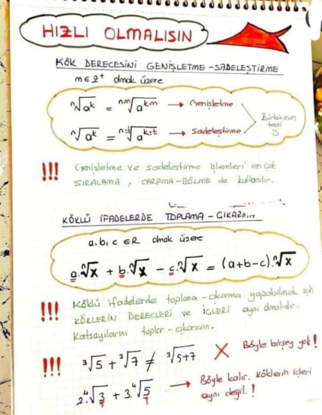 KÖKLÜ İFADELER
Kökün derecesi en küçük 2 dir ve yazılmaz.
n≥2 olmak üzere
√x → n. dereceden kök
√x → Karekök x { özel isimler
³√x → Küp kök