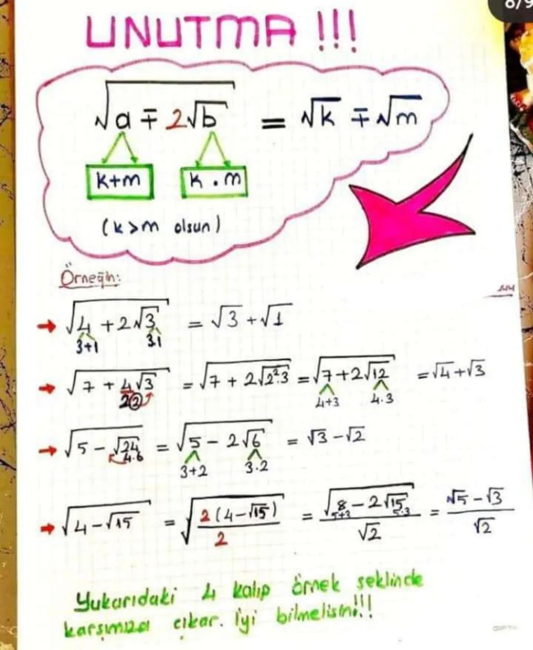 KÖKLÜ İFADELER
Kökün derecesi en küçük 2 dir ve yazılmaz.
n≥2 olmak üzere
√x → n. dereceden kök
√x → Karekök x { özel isimler
³√x → Küp kök