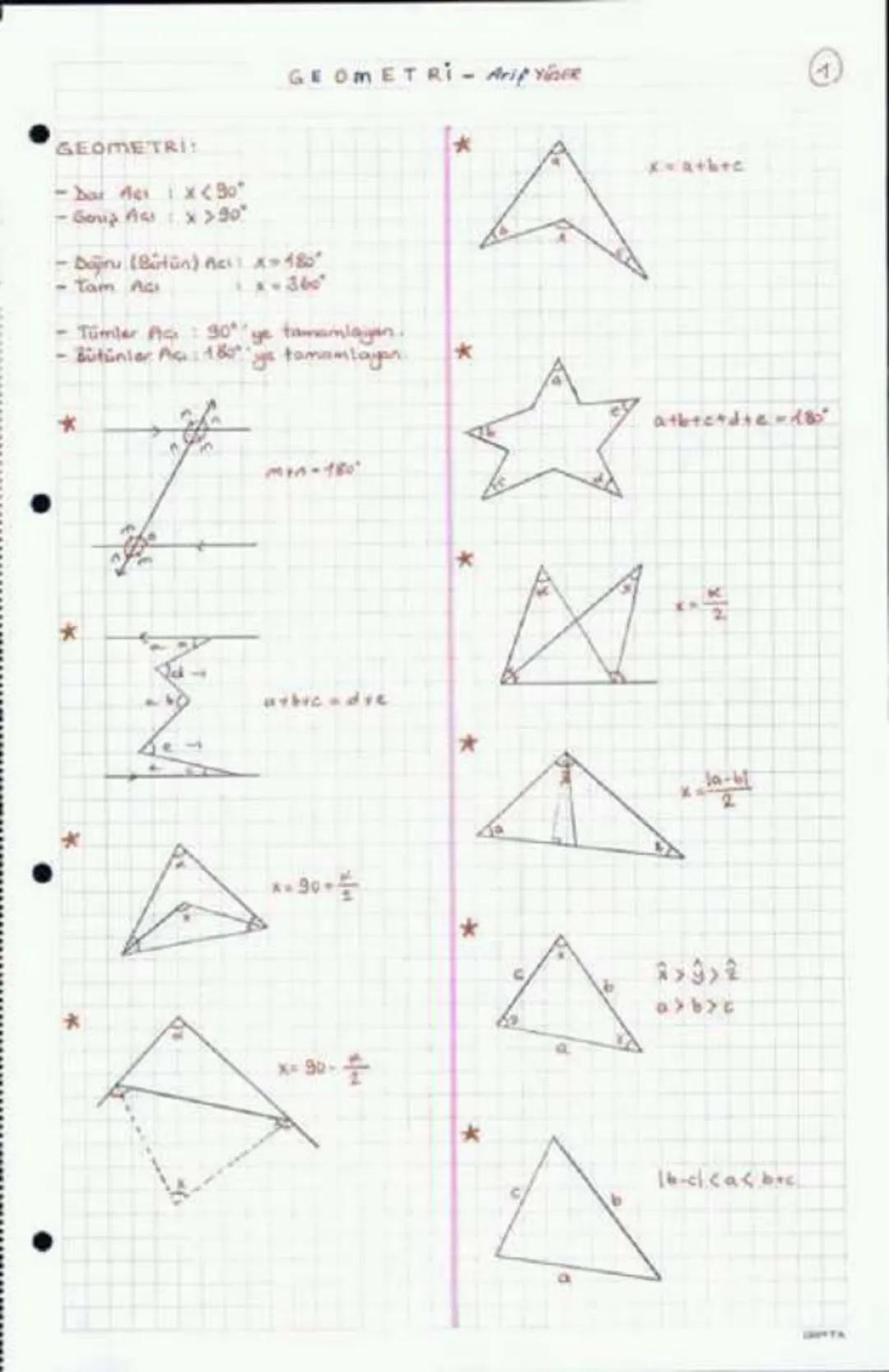 GEOMETRI - Arif YEDER
GEOMETRI:
-Dar Açı: x<90°
-Geniş Açı: x>90°
-Dâynu (Bütün) Açı: x=180°
-Tam Açı: x=360°
-Tümler Açı: 90° ye tamamlayan