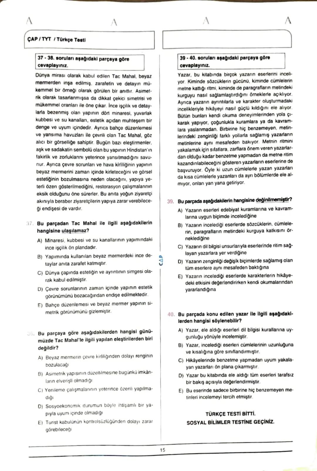 ÇAP/TYT
A
A
TÜRKÇE
1
1. Bu testte 40 soru vardır.
2. Cevaplarınızı, cevap kâğıdının Türkçe Testi için ayrılan kısmına işaretleyiniz.
2.
Çoğu