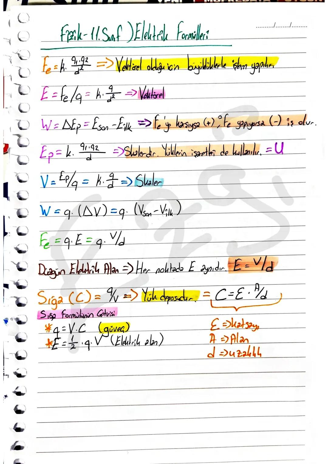 Fizik-11. Saf) Elektrik Formiller?
Fek. $\frac{q_1q_2}{d^2}$ => Vektörel olduğu için büyüldüklerle işlem yapılır.
E=fe/q=k. $\frac{q}{d^2}$