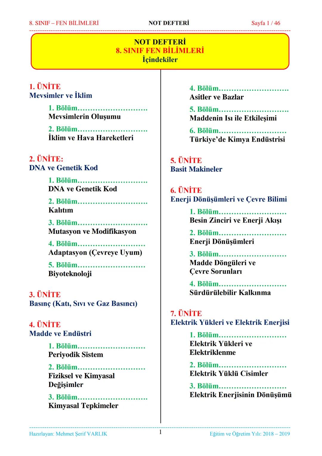 8. SINIF-FEN BİLİMLERİ
NOT DEFTERİ
Sayfa 1/46
NOT DEFTERİ
8. SINIF FEN BİLİMLERİ
İçindekiler
1. ÜNİTE
Mevsimler ve İklim
1. Bölüm.
Mevsimler