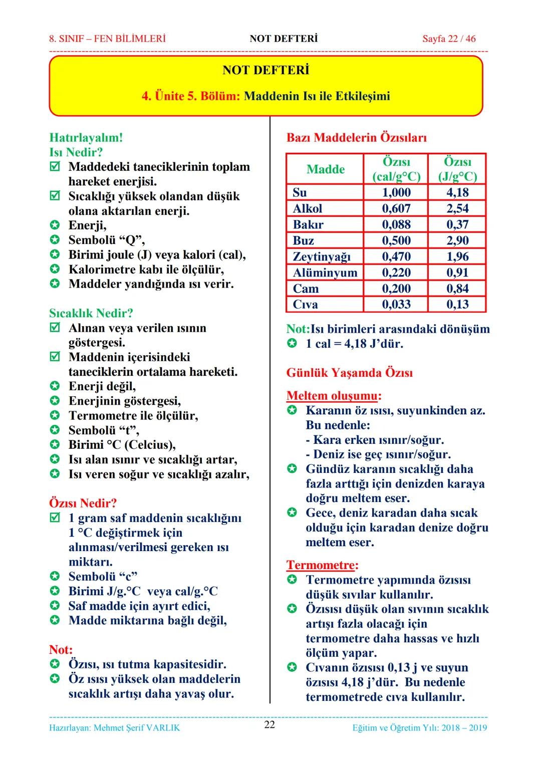 8. SINIF-FEN BİLİMLERİ
NOT DEFTERİ
Sayfa 1/46
NOT DEFTERİ
8. SINIF FEN BİLİMLERİ
İçindekiler
1. ÜNİTE
Mevsimler ve İklim
1. Bölüm.
Mevsimler