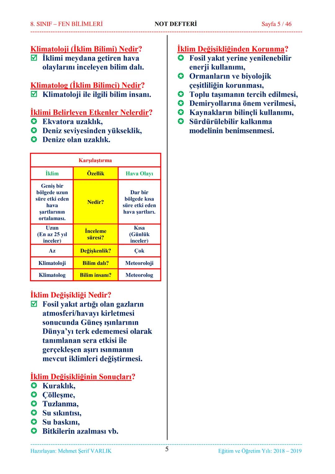 8. SINIF-FEN BİLİMLERİ
NOT DEFTERİ
Sayfa 1/46
NOT DEFTERİ
8. SINIF FEN BİLİMLERİ
İçindekiler
1. ÜNİTE
Mevsimler ve İklim
1. Bölüm.
Mevsimler