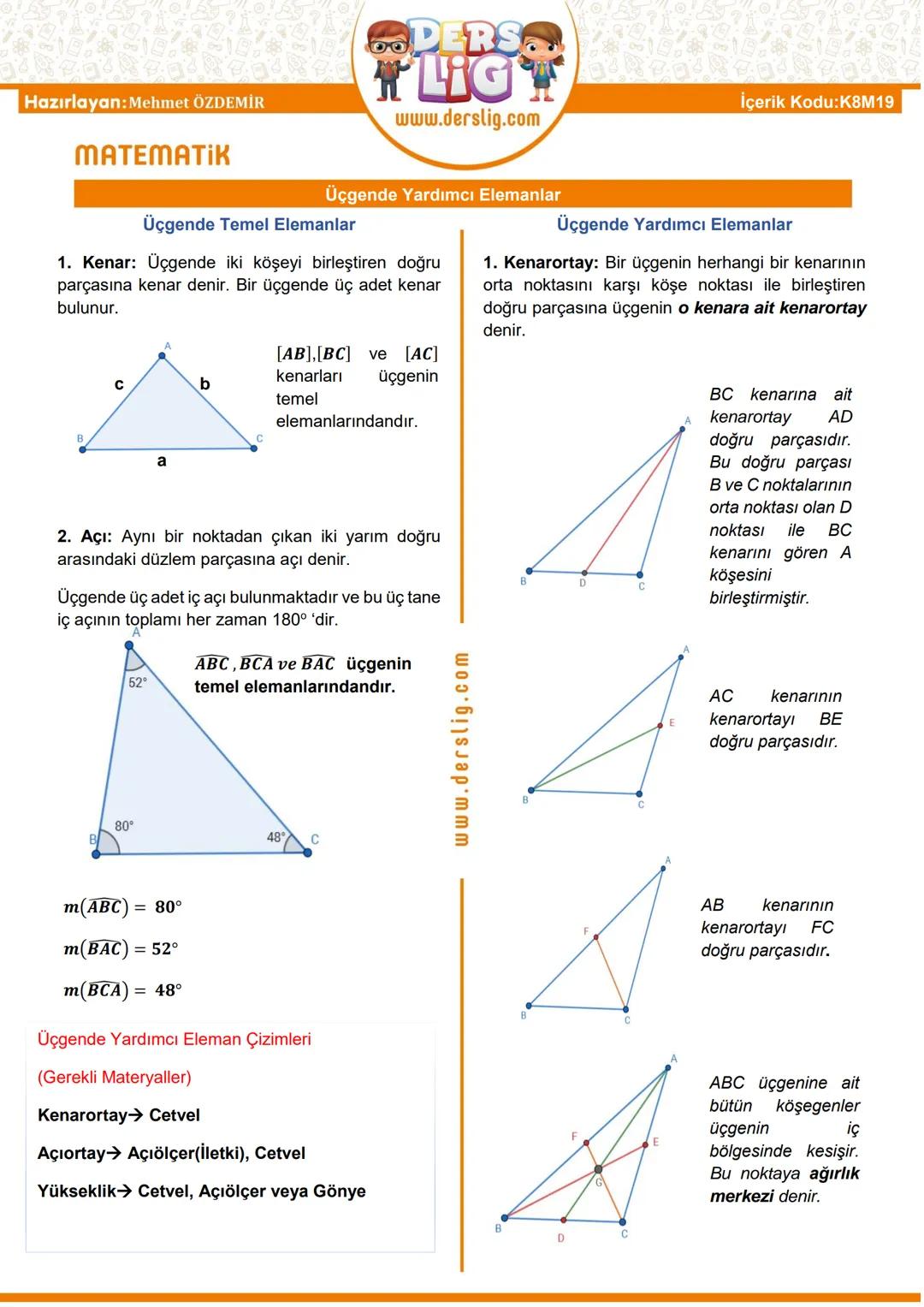 Hazırlayan: Mehmet ÖZDEMİR
MATEMATIK
Üçgende Temel Elemanlar
Üçgende Yardımcı Elemanlar
Üçgende Yardımcı Elemanlar
1. Kenar: Üçgende iki köş