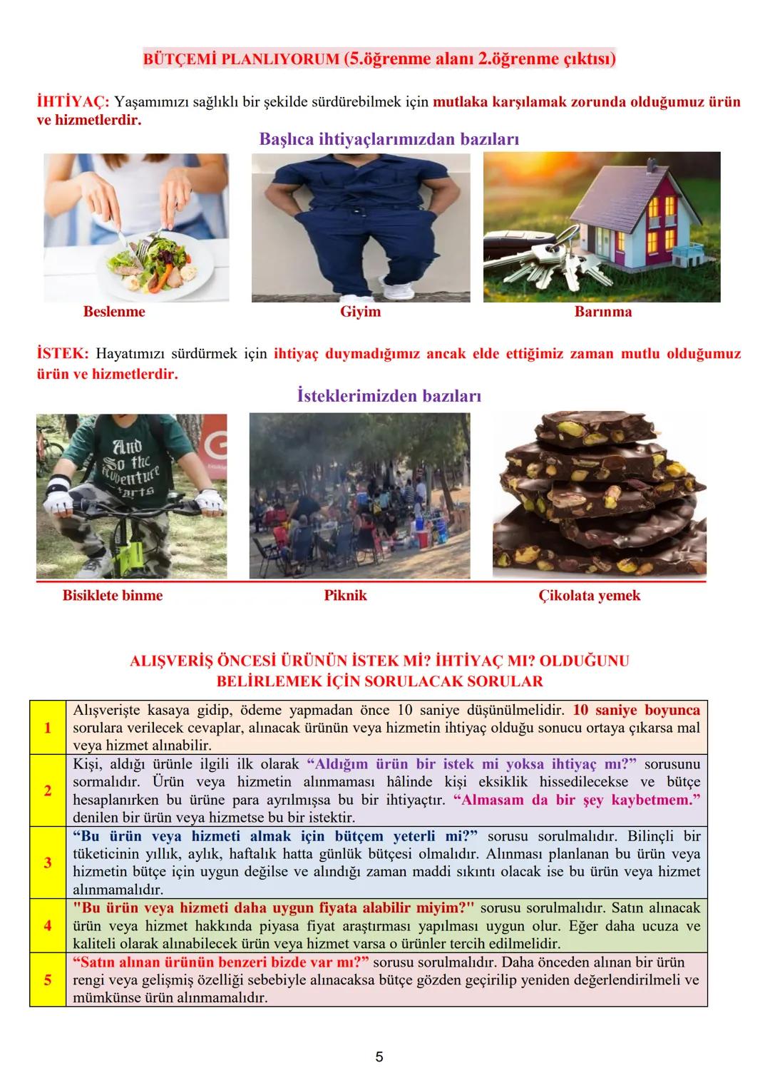 5. SINIF SOSYAL BİLGİLER 5. ÖĞRENME ALANI DERS NOTLARI
5. ÖĞRENME ALANI: HAYATIMIZDAKİ EKONOMİ
KAYNAKLARIMIZIN VERİMLİ KULLANIMI (5.öğrenme