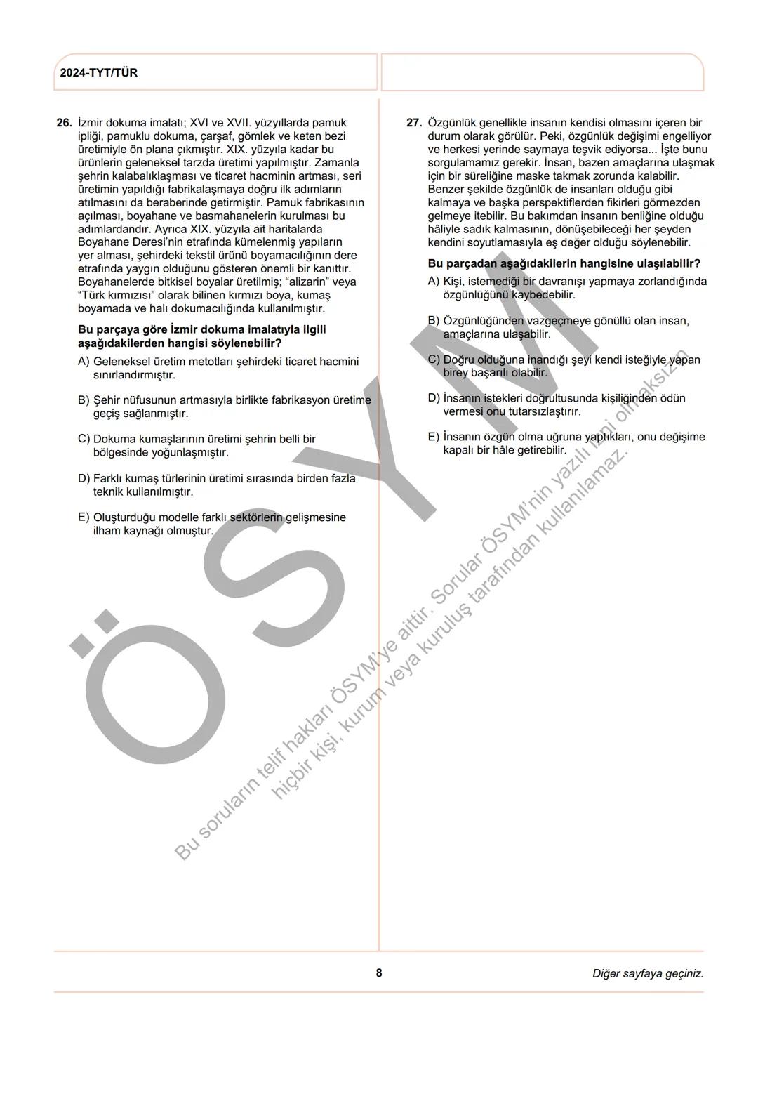 ÖSYM
T.C. Ölçme, Seçme ve Yerleştirme Merkezi
YÜKSEKÖĞRETİM KURUMLARI SINAVI
TEMEL YETERLİLİK TESTİ
(2024-TYT)
8 HAZİRAN 2024 CUMARTESİ
Bu t