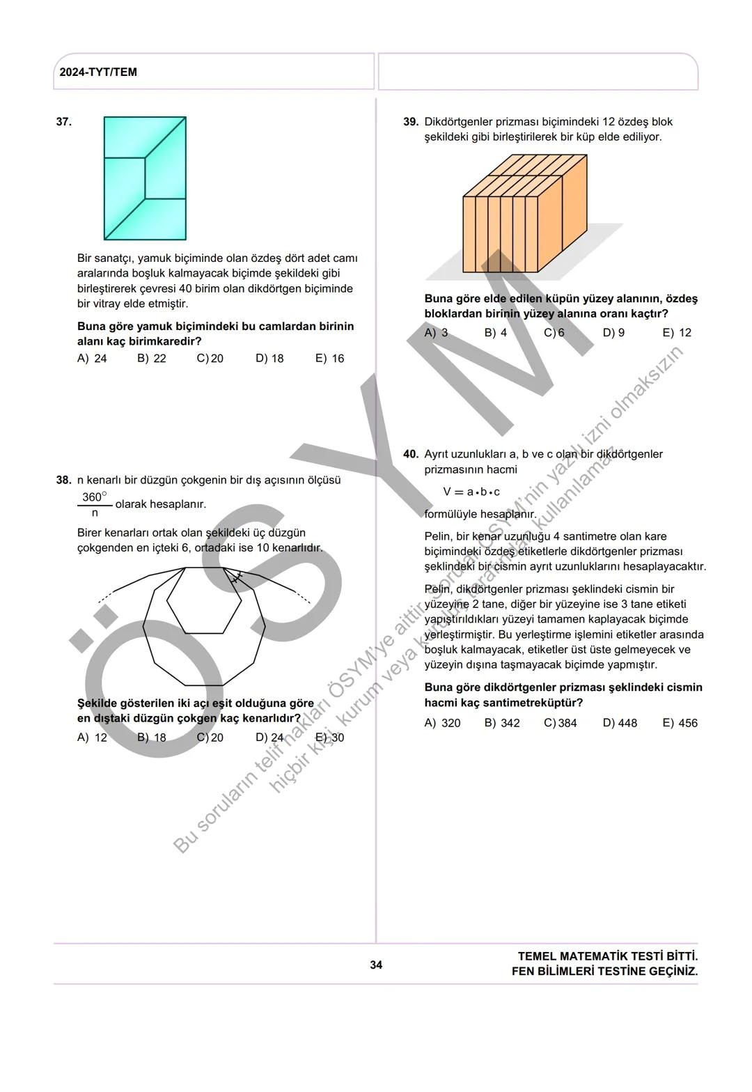 ÖSYM
T.C. Ölçme, Seçme ve Yerleştirme Merkezi
YÜKSEKÖĞRETİM KURUMLARI SINAVI
TEMEL YETERLİLİK TESTİ
(2024-TYT)
8 HAZİRAN 2024 CUMARTESİ
Bu t
