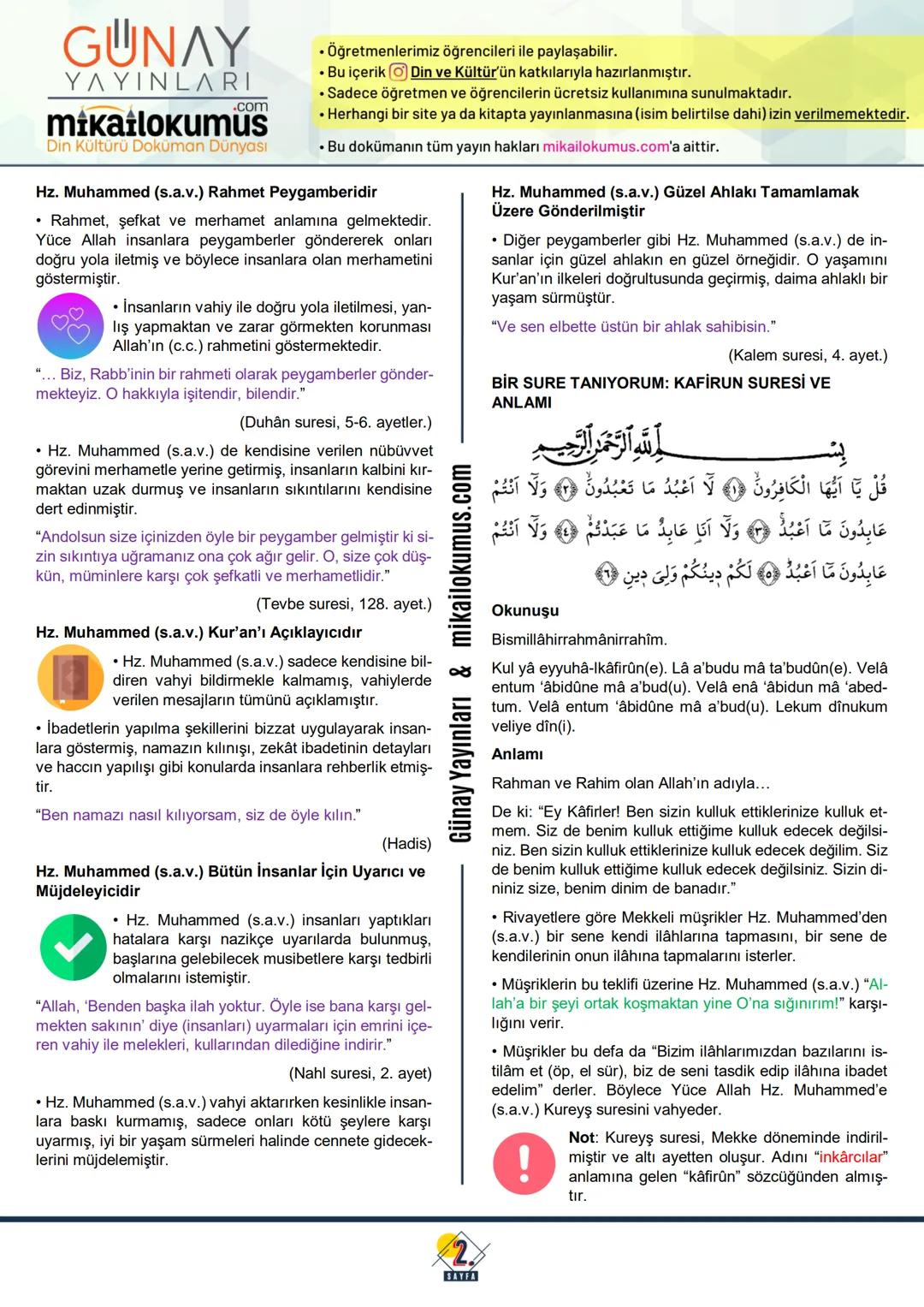 # 7. SINIF  ALLAH’IN KULU VE ELÇİSİ HZ. MUHAMMED  # 4. ÜNİTE
**ALLAH’IN (C.C.) KULU: HZ. MUHAMMED (S.A.V.)**
* Yûce Allah insanları kendis