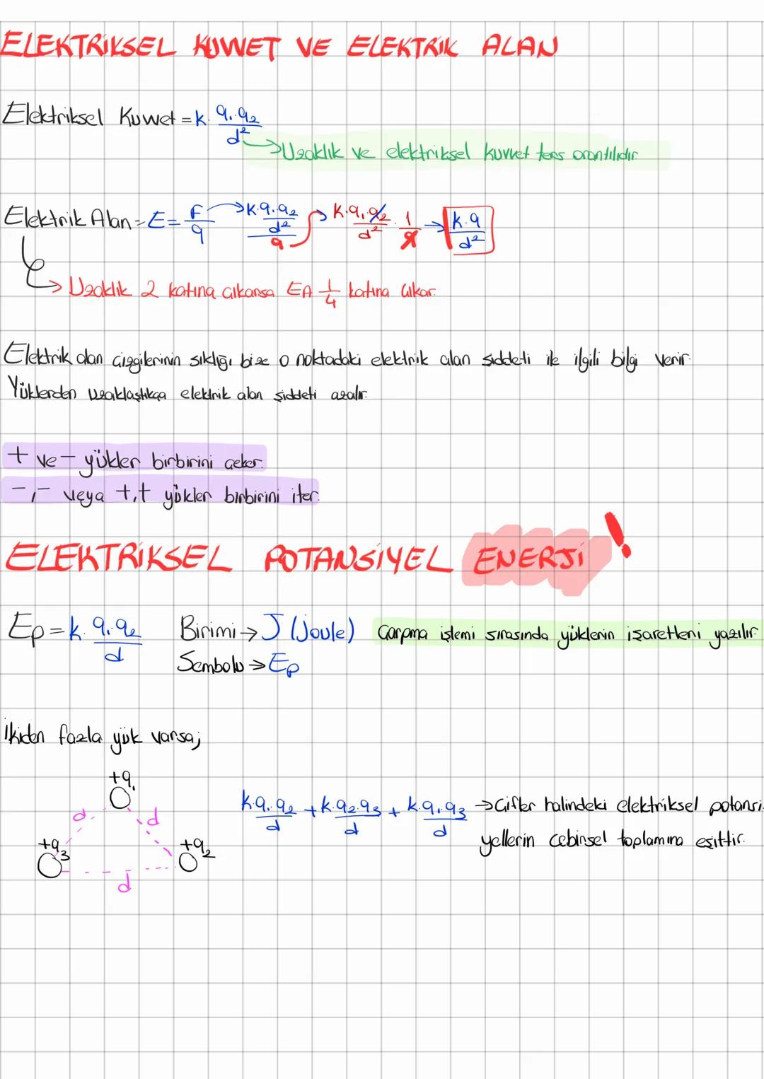 ELEKTRIKSEL KUWET VE ELEKTRIK ALAN
Elektriksel Kuwet=k \frac{q_1.q_2}{d^2}
\rightarrow Uzaklık ve elektriksel kuvvet ters orantılıdır
Elektr