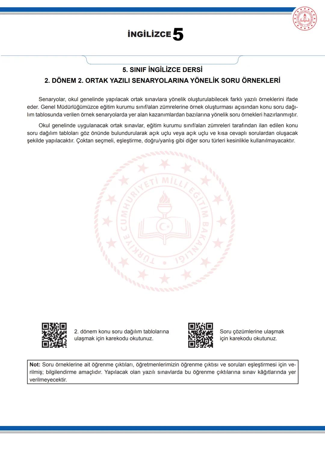 İNGİLİZCE 5
5. SINIF İNGİLİZCE DERSİ
2. DÖNEM 2. ORTAK YAZILI SENARYOLARINA YÖNELİK SORU ÖRNEKLERİ
Senaryolar, okul genelinde yapılacak orta
