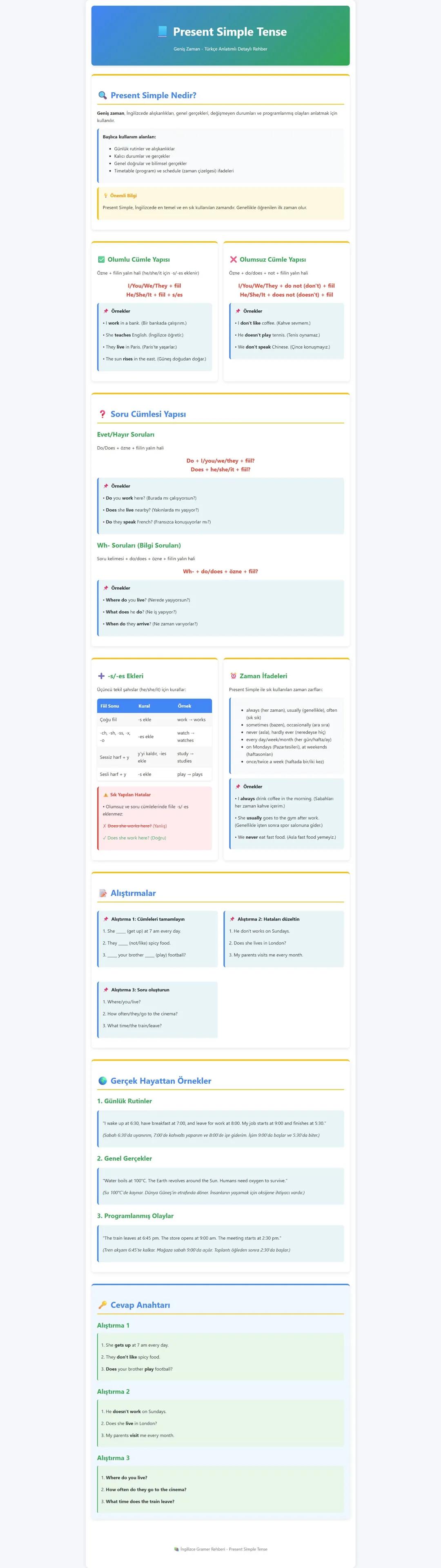 Present Simple Tense
Present Simple Nedir?
Soru Cümlesi Yapısı
Alıştırmalar
Gerçek Hayattan Örnekler
Cevap Anahtarı