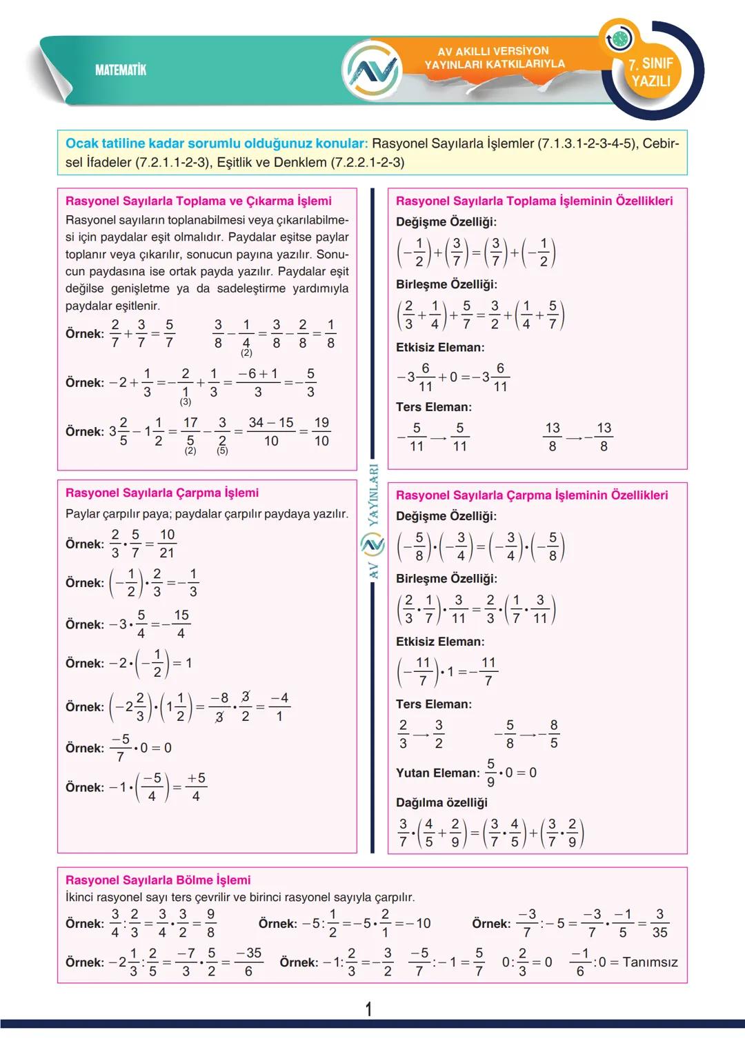 MATEMATİK
AV AKILLI VERSİYON
YAYINLARI KATKILARIYLA
7. SINIF
YAZILI
Ocak tatiline kadar sorumlu olduğunuz konular: Rasyonel Sayılarla İşleml