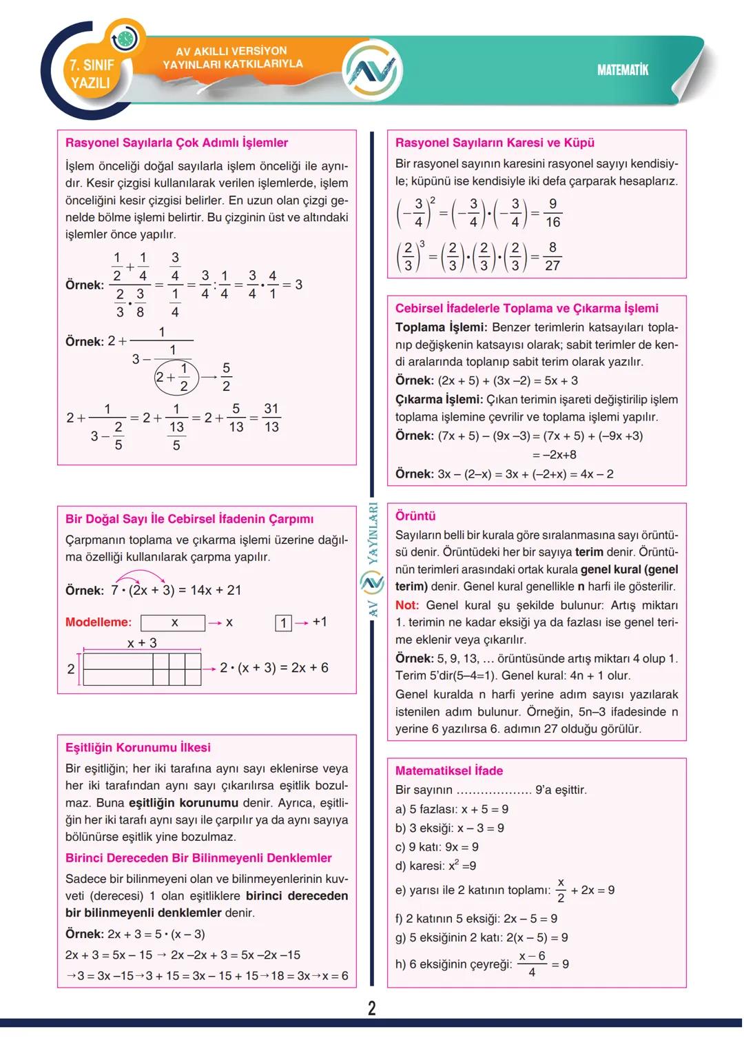 MATEMATİK
AV AKILLI VERSİYON
YAYINLARI KATKILARIYLA
7. SINIF
YAZILI
Ocak tatiline kadar sorumlu olduğunuz konular: Rasyonel Sayılarla İşleml