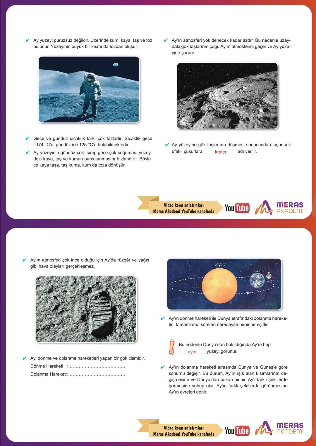 # GÖKYÜZÜNDEKİ KOMŞUMUZ: AY
## Ay'ın Yapısı
- Küre şeklindedir.
- Dünya'ya en yakın gök cismidir.
- Dünya'nın tek doğal uydusudur. **Uydu