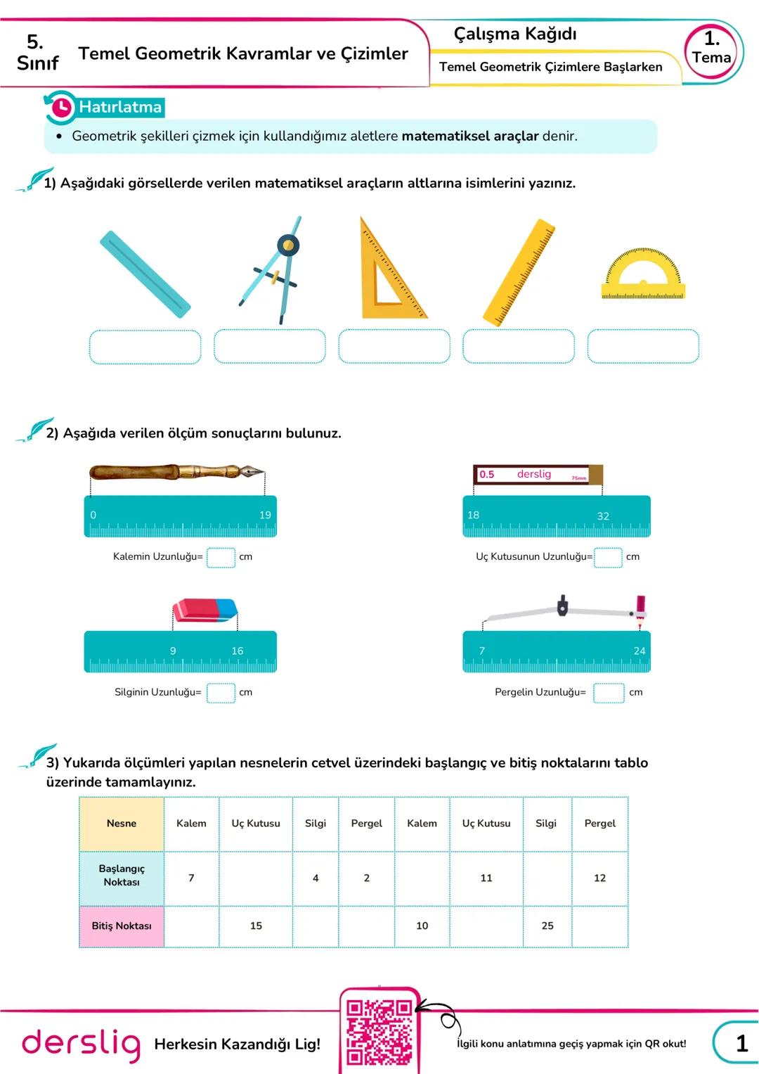 5.
Sınıf
Çalışma Kağıdı
Temel Geometrik Kavramlar ve Çizimler
1.
Tema
Temel Geometrik Çizimlere Başlarken
Hatırlatma
• Geometrik şekilleri ç
