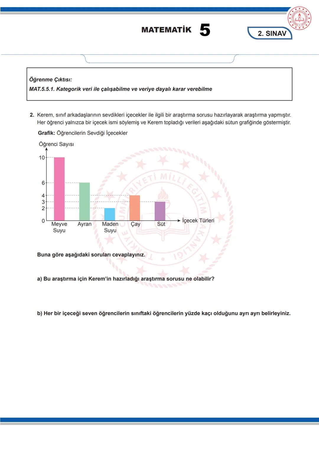 MATEMATİK 5
5. SINIF MATEMATİK DERSİ
2. DÖNEM 2. ORTAK YAZILI SENARYOLARINA YÖNELİK SORU ÖRNEKLERİ
Senaryolar, okul genelinde yapılacak orta