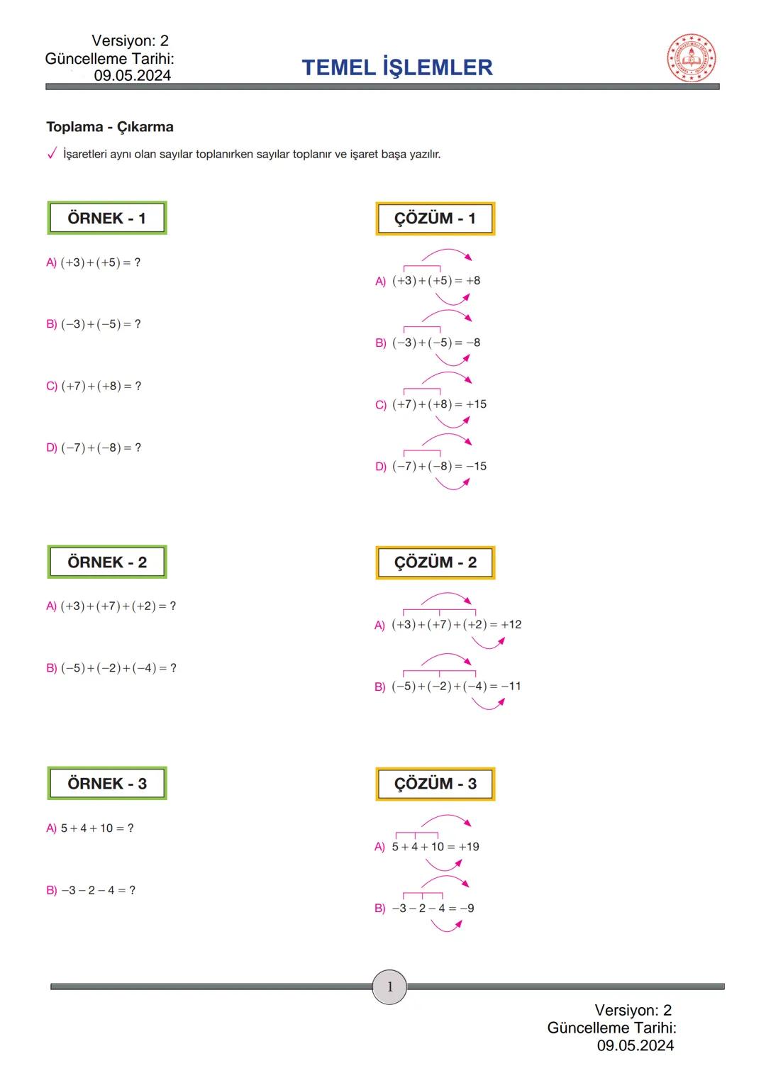 Versiyon: 2
Güncelleme Tarihi:
09.05.2024
TEMEL İŞLEMLER
Toplama - Çıkarma
✓ İşaretleri aynı olan sayılar toplanırken sayılar toplanır ve iş