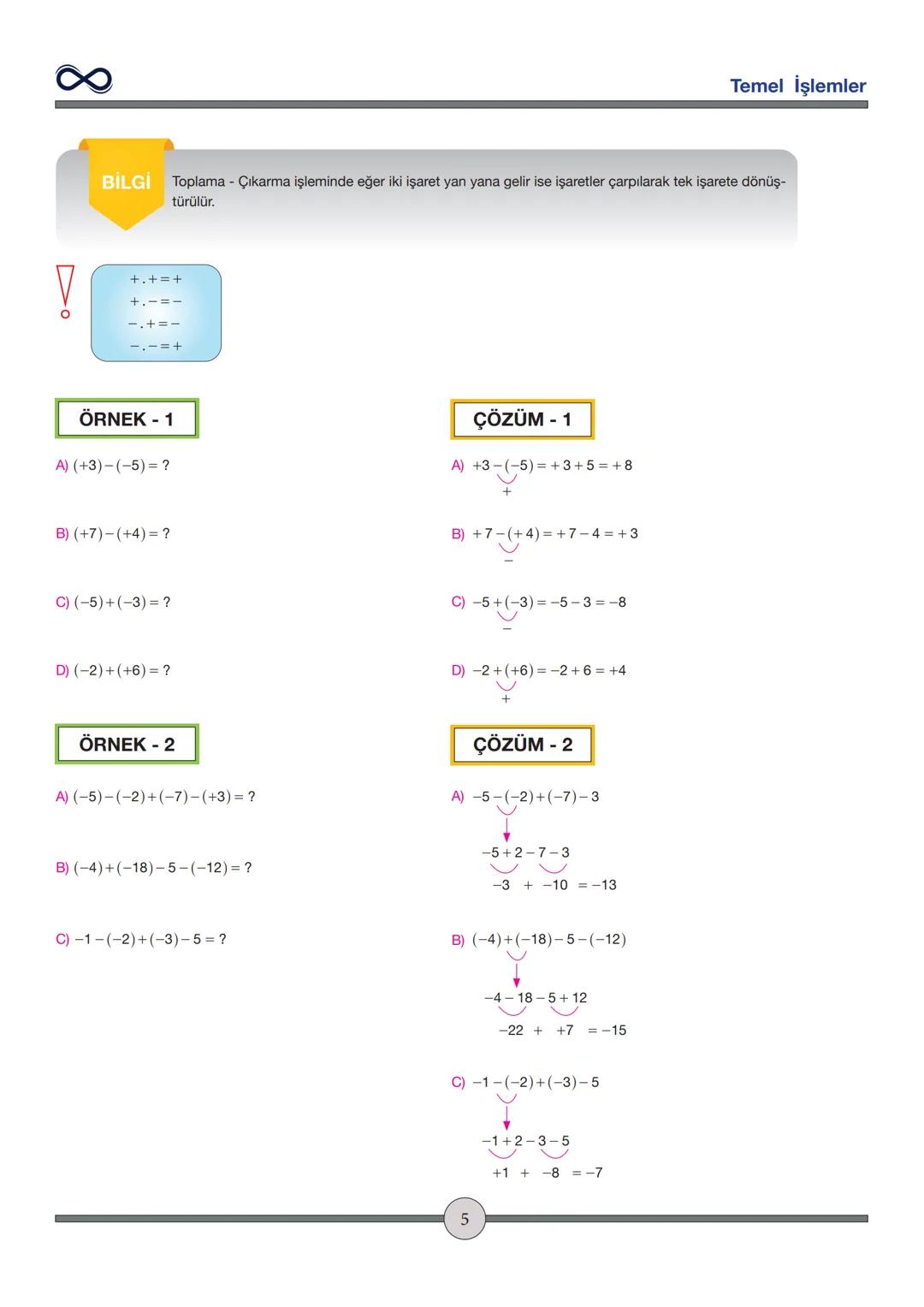 Versiyon: 2
Güncelleme Tarihi:
09.05.2024
TEMEL İŞLEMLER
Toplama - Çıkarma
✓ İşaretleri aynı olan sayılar toplanırken sayılar toplanır ve iş