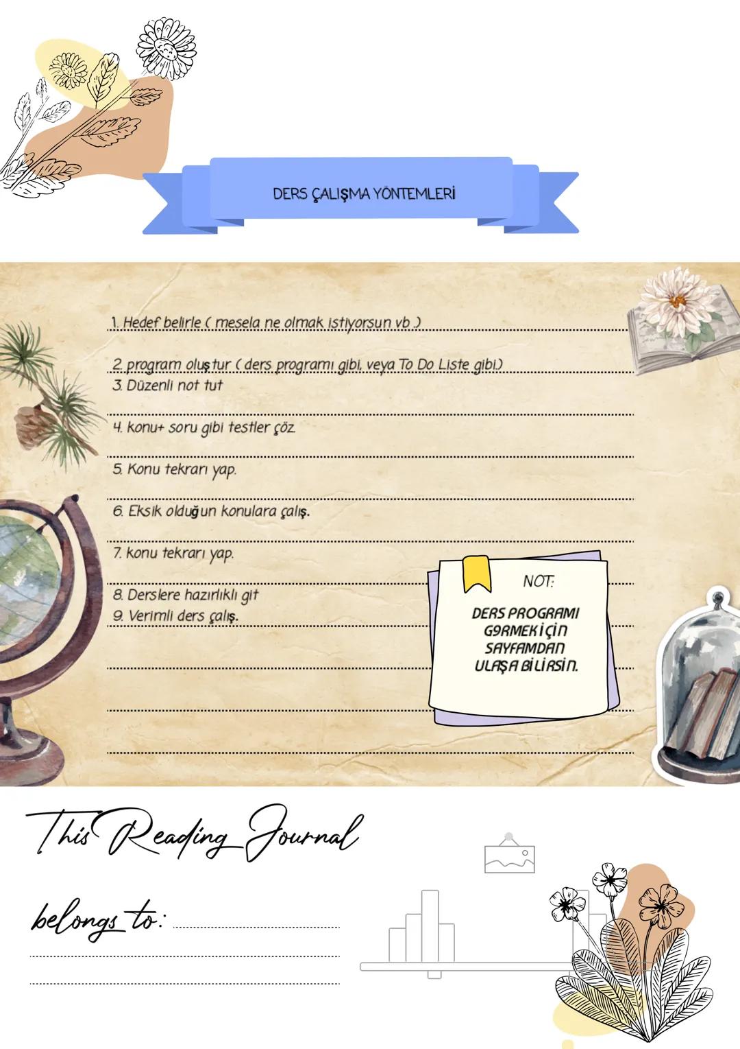 DERS ÇALIŞMA YÖNTEMLERİ
1. Hedef belirle (mesela ne olmak istiyorsun vb.)
2 program oluştur (ders programı gibi, veya To Do Liste gibi).
3.