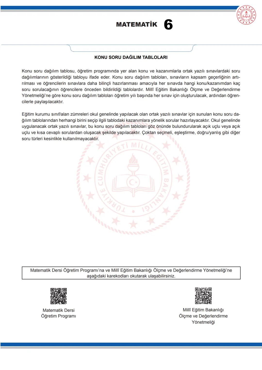 # MATEMATİK 6
## KONU SORU DAĞILIM TABLOLARI
Konu soru dağılım tablosu, öğretim programında yer alan konu ve kazanımlarla ortak yazılı sın