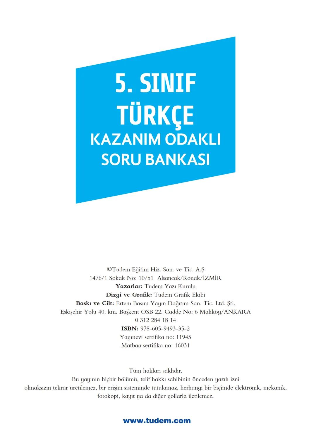 5. Sınıf Türkçe İçin Kazanımlara Özel Soru Bankası