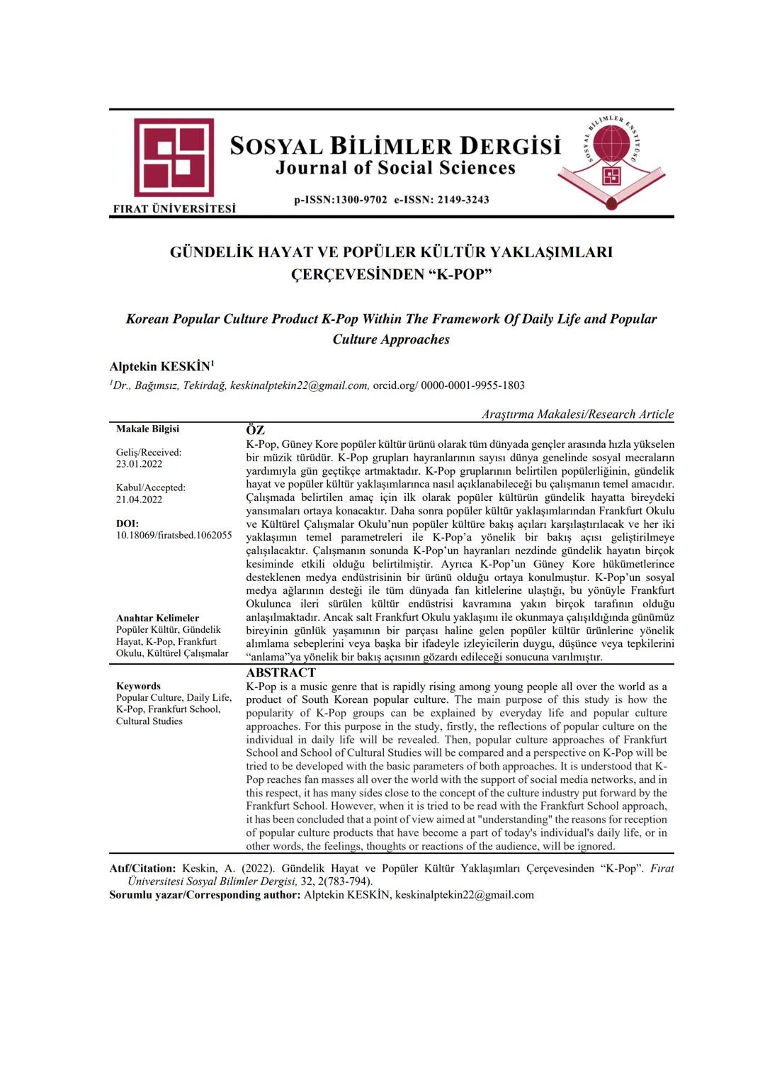 ## SOSYAL BİLİMLER DERGİSİ
## Journal of Social Sciences
p-ISSN:1300-9702 e-ISSN: 2149-3243
## FIRAT ÜNİVERSİTESİ
## GÜNDELİK HAYAT VE POPÜL