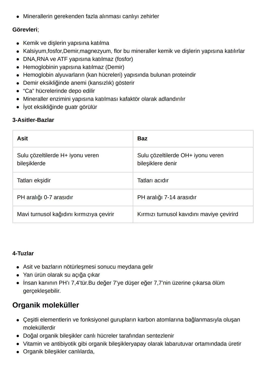 BİYOLOJİ DERS NOTU
İnorganik bileşikler:
• Su, mineraller, tuzlar ve asit-bazlar inorganik moleküllerdir
enerji vermezler
1-Su
moleküllerin
