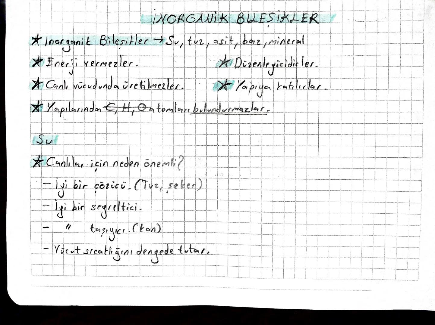 # İNORGANİK BİLEŞİKLER
* İnorganik Bileşikler → Su, tuz, asit, baz, mineral
* Enerji vermezler. * Düzenleyici dirler.
* Canlı vücuda üret