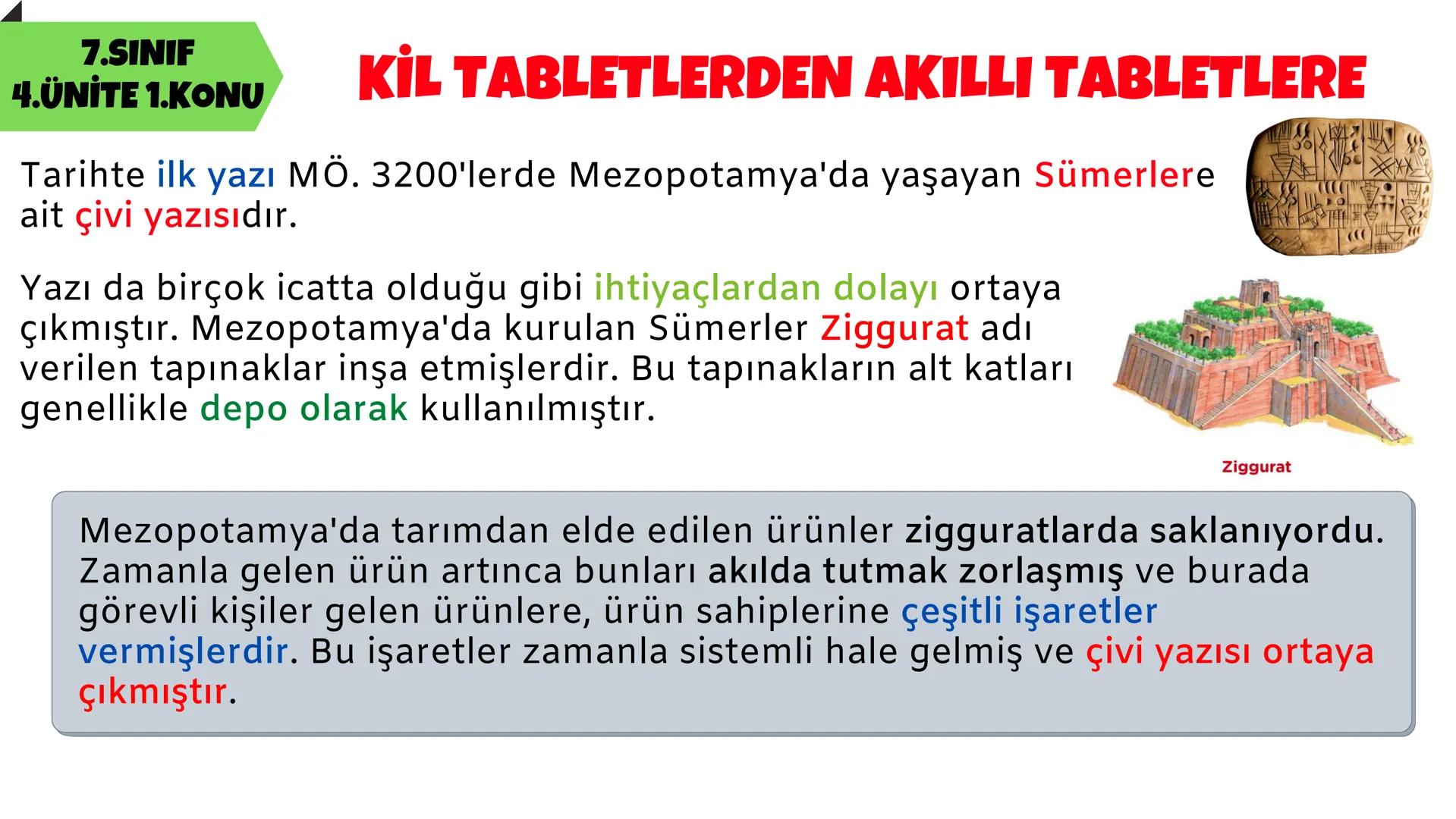 7.SINIF
SOSYAL BİLGİLER
4.ÜNİTE
$1+1=2$
aBc
@
x
%
BİLİM, TEKNOLOJİ VE TOPLUM 7.SINIF
4.ÜNİTE 1.KONU
KİL TABLETLERDEN AKILLI TABLETLERE
Tarih