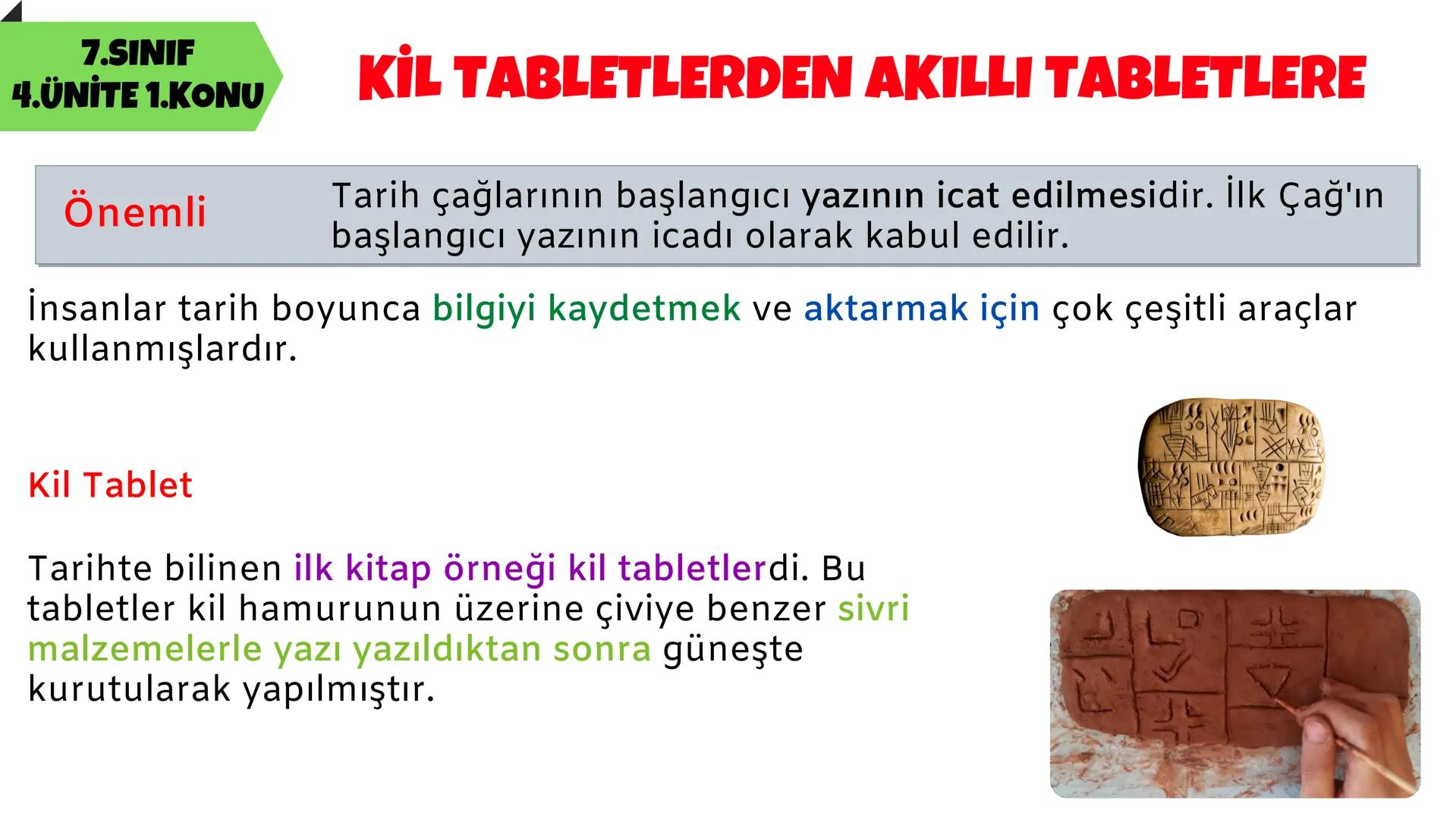 7.SINIF
SOSYAL BİLGİLER
4.ÜNİTE
$1+1=2$
aBc
@
x
%
BİLİM, TEKNOLOJİ VE TOPLUM 7.SINIF
4.ÜNİTE 1.KONU
KİL TABLETLERDEN AKILLI TABLETLERE
Tarih