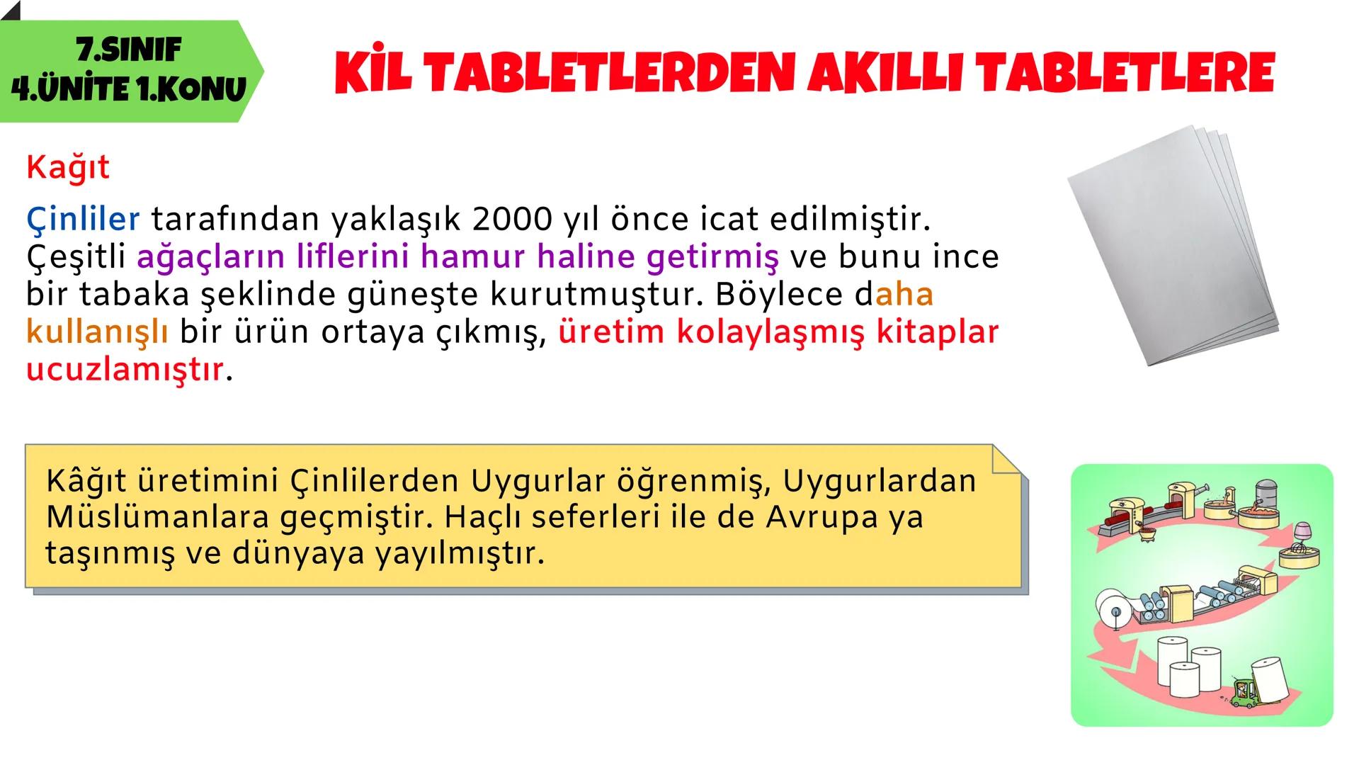 7.SINIF
SOSYAL BİLGİLER
4.ÜNİTE
$1+1=2$
aBc
@
x
%
BİLİM, TEKNOLOJİ VE TOPLUM 7.SINIF
4.ÜNİTE 1.KONU
KİL TABLETLERDEN AKILLI TABLETLERE
Tarih